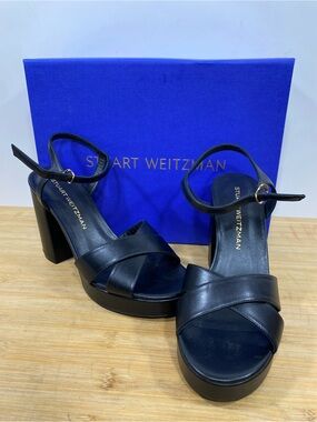 NIB Stuart Weitzman Black Calf Leather Dayna Platform Sandals sz 39/ 8.5B